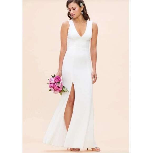 Dress The Population Women's Off White Sandra Crepe Stretch V-Neck Slit Sz S - Picture 1 of 9